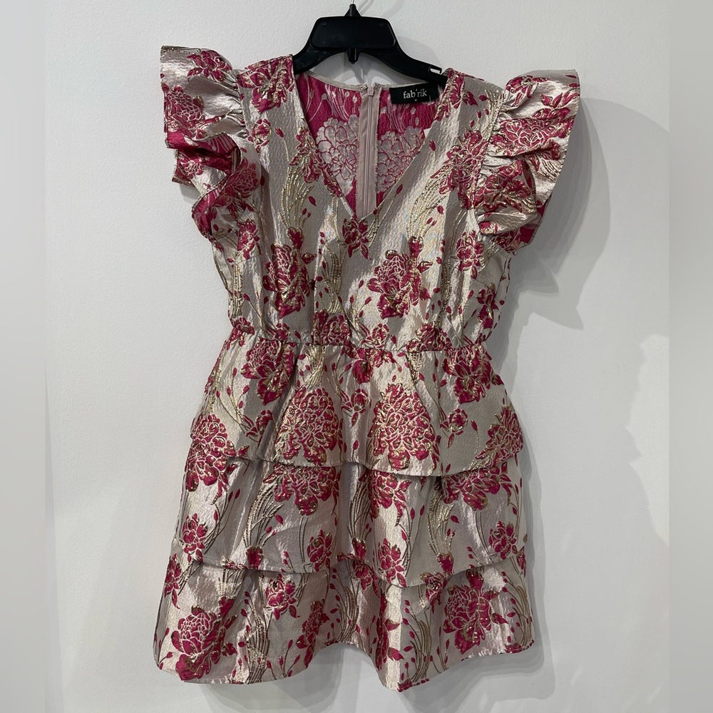 floral pattern pink metallic mini dress with ruffles